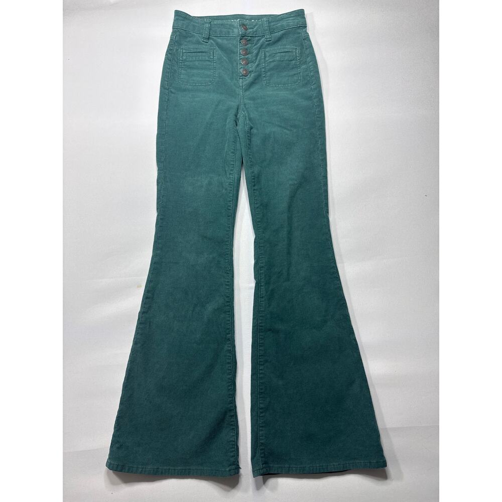 American Eagle Women's Super Hi-Rise Flare Green Corduroy Pants - 00R (25x30.5)
